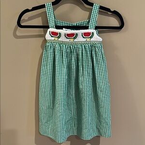 Silly goose smocked watermelon green checked dress
